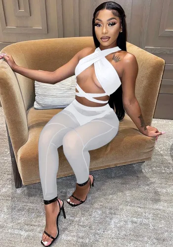 White Bandage Crop Top and See Through High Waist Pants with Pantie 3PCS Sets