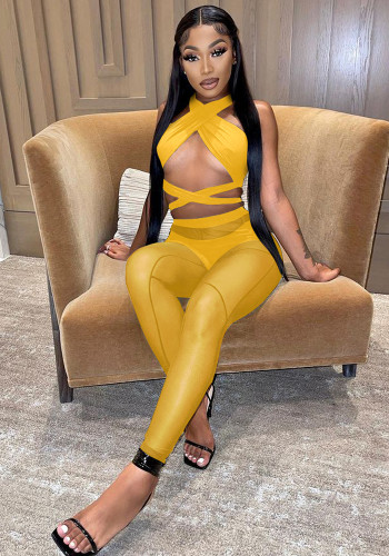 Yellow Bandage Crop Top and See Through High Waist Pants with Pantie 3PCS Sets