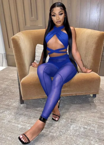 Blue Bandage Crop Top and See Through High Waist Pants with Pantie 3PCS Sets