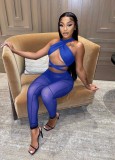 Blue Bandage Crop Top and See Through High Waist Pants with Pantie 3PCS Sets