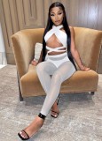 White Bandage Crop Top and See Through High Waist Pants with Pantie 3PCS Sets