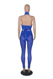 Blue Bandage Crop Top and See Through High Waist Pants with Pantie 3PCS Sets
