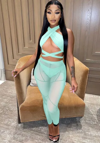 Green Bandage Crop Top and See Through High Waist Pants with Pantie 3PCS Sets