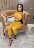 Yellow Bandage Crop Top and See Through High Waist Pants with Pantie 3PCS Sets