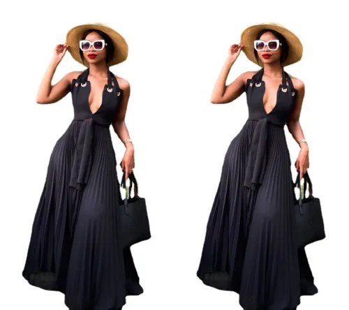Sexy Black Plunge Halter Sleeveless Pleated Maxi Dress