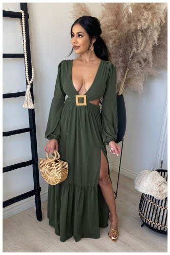 Army Green Sexy Deep V Neck Cut Out Dress