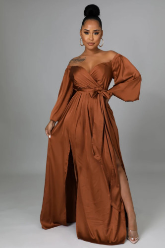 Brown Long Sleeve Off Shoulder Slit Maxi Dress