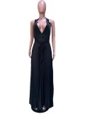 Sexy Black Plunge Halter Sleeveless Pleated Maxi Dress