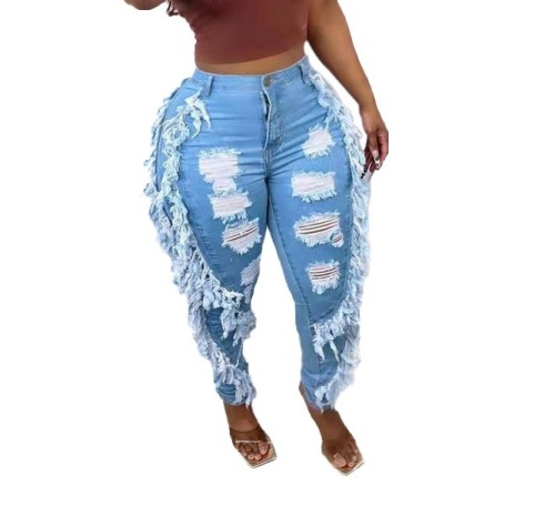 Street Style Light Blue High Waist Ripped Jeans