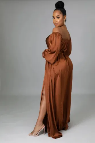 Brown Long Sleeve Off Shoulder Slit Maxi Dress
