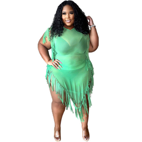 Plus Size Green Tassel Trim Irregular Dress