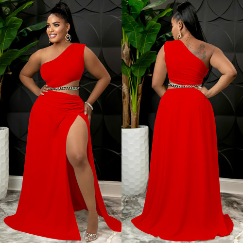 Sexy Red Hollow Out Slash Neck Slit Maxi Dress
