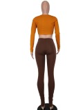 Orange V-Neck Long Sleeves Crop Top and Brown Pants 2PCS Set