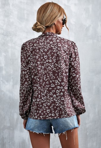 Heart Print Silk Knotted Lantern Sleeve Shirt