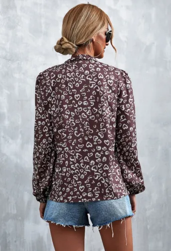 Heart Print Silk Knotted Lantern Sleeve Shirt