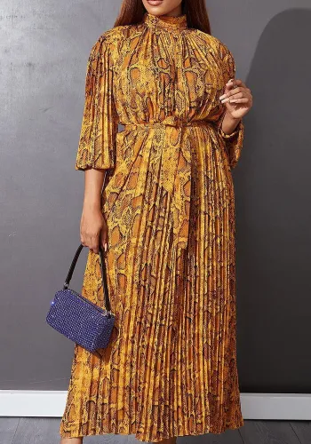 Snakeskin Print Yellow Turtleneck 3/4 Sleeve Loose Maxi Pleated Dress