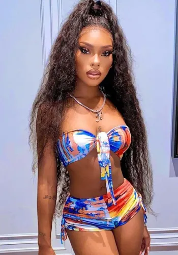 Tie Dye Print Strapless Tie Bra and High Waist Shorts 2PCS Set