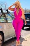 Rose Deep-V Sleeveless Hollow Out Halter Bodycon Jumpsuit