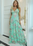 Floral Print Green V-Neck Sleeveless Ruffle Loose Maxi Dress
