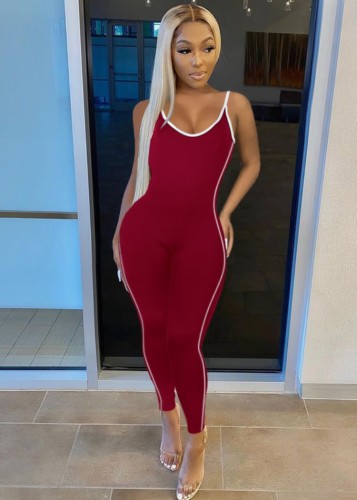 Red Cami Sleeveless Slim Fit Piping Jumpsuit