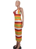 Multicolor Striped Print V-Neck Sleeveless Bodycon Midi Dress