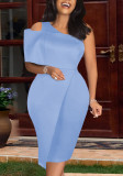 Plus Size Blue One Shoulder Single Half Sleeves Long Dress