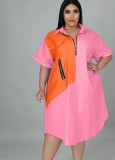 Plus Size Pink Turndown Collar Half Sleeves Drop Shoulder Zip Wide Dress