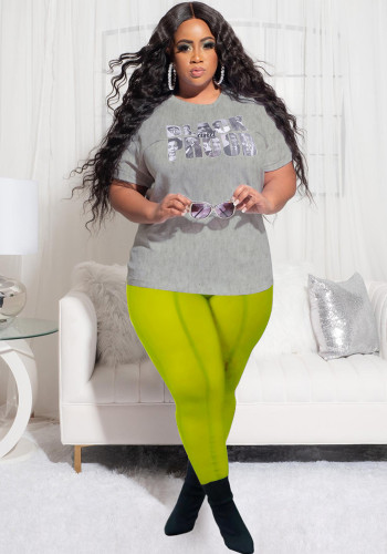 Plus Size Letter Print Grey Short Sleeves Tee and Green Mesh Pants 2PCS Set