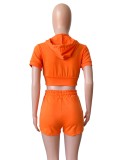 Orange Short Sleeves Drawstring Hoody Crop Top and Shorts 2PCS Set
