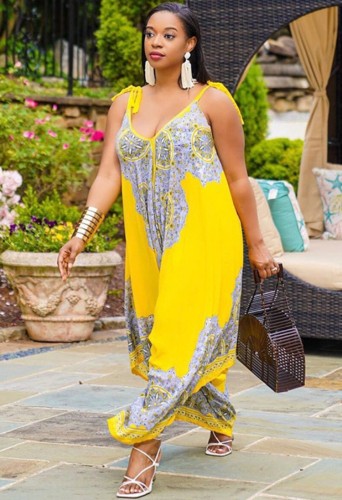 Plus Size Floral Print Yellow V-Neck Sleeveless Cami Loose Jumpsuit