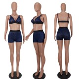 Blue V-Neck Sleeveless Cami Bra and High Waist Shorts 2PCS Set
