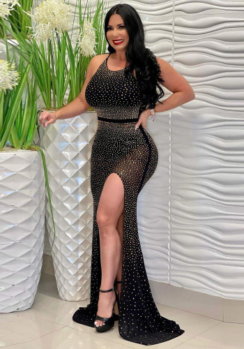 Black Rhinestone O-Neck Sleeveless Slit Maxi Dress