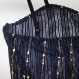 Plus Size Stripe Print Black Cami Sleeveless Translucent Midi Dress