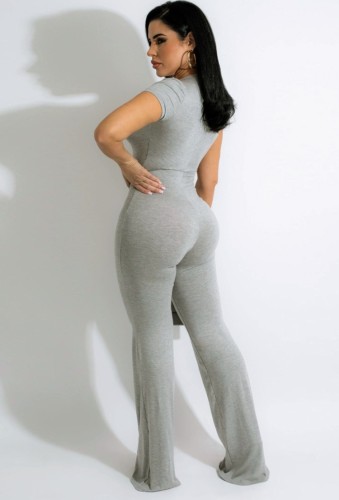 Grey V-Neck Short Sleeves Bell Bottom Jumpsuit