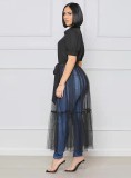 Black Tulle Patchwork Button Short Sleeves Maxi Blouse Dress