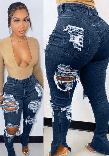 Dk-Blue High Waist Zip Fly Ripped Jeans with Pocket