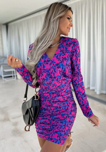 Floral Print Purple V-Neck Long Sleeves Mini Slinky Dress
