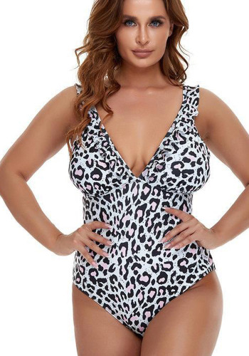 Plus Size Leopard Print White V-Neck Sleeveless Ruffle One Piece Swimwear