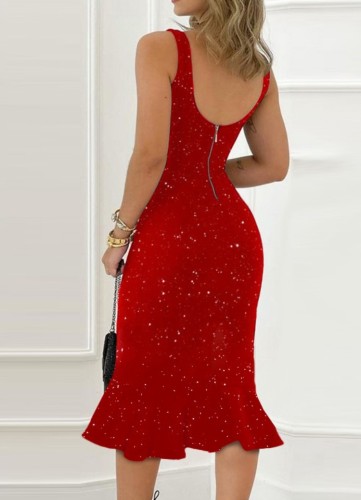 Red V-Neck Sleeveless Ruffle Elegant Long Dress