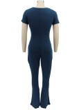 Dk-blue V-Neck Short Sleeves Bell Bottom Jumpsuit