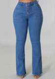 Dk-Blue High Waist Button Straight Jeans with Pocket