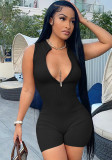 Black Ribbed Round Neck Sleeveless Zip Up Skinny Rompers