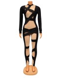 Black Mesh Patchwork Round Neck Long Sleeves Bodycon Jumpsuit