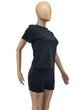 Black O-Neck Short Sleeves Top and Drawstring Pockets Shorts 2PCS Set