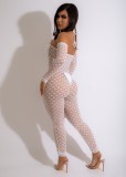 White Mesh See Through Cami Halter Wrist Sleeves Tight Jumpsuit