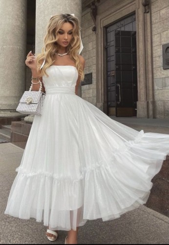 White Strapless Sleeveless Ruffle Maxi Wedding Dress