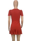 Red Square Collar Puff Short Sleeve Bodycon Mini Pleated Dress