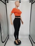 Orange O-Neck Short Sleeves Crop Top and Black High Waist Tight Pants 2PCS Set