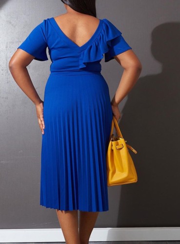 Blue V-Neck Short Sleeves Ruffle Long Pleated Dress
