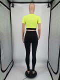 Green O-Neck Short Sleeves Crop Top and Black High Waist Tight Pants 2PCS Set